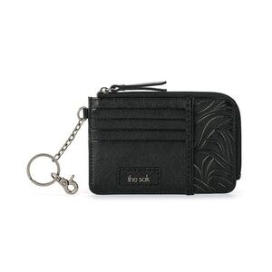 The Sak Iris Card Wallet in black leather with a leaf embossed design.
